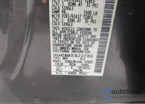 2007 Nissan Pathfinder Le из США, поврежденный, VIN 5N1AR18UX7C622780